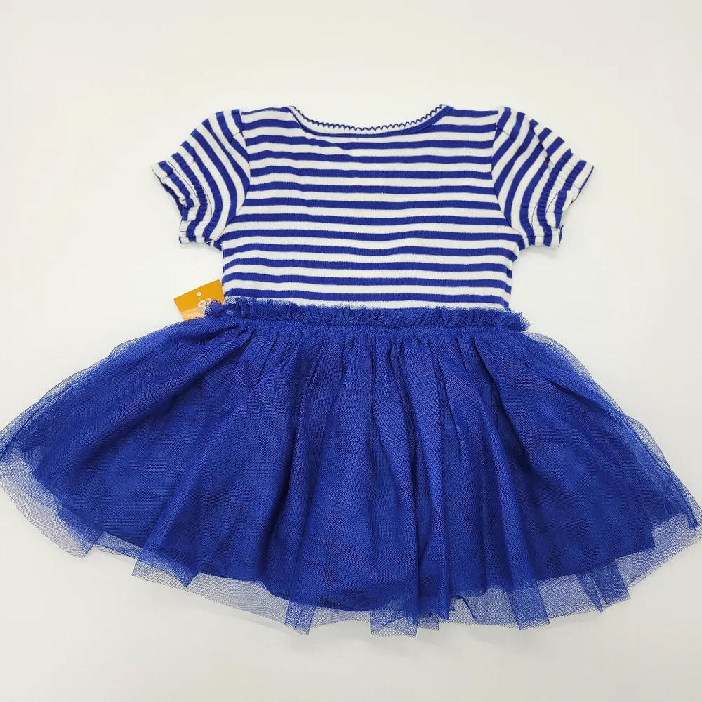 Gymboree Dress Blue Striped Tulle Tutu Bow Short Sleeve Size 12-18mo NEW